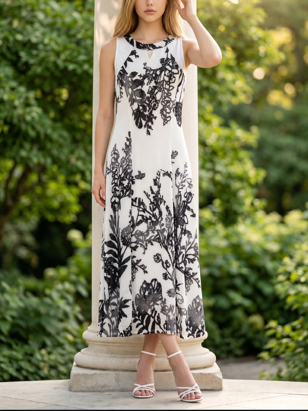 White & Black Floral Maxi Dress - Elegant Sleeveless Summer Dress